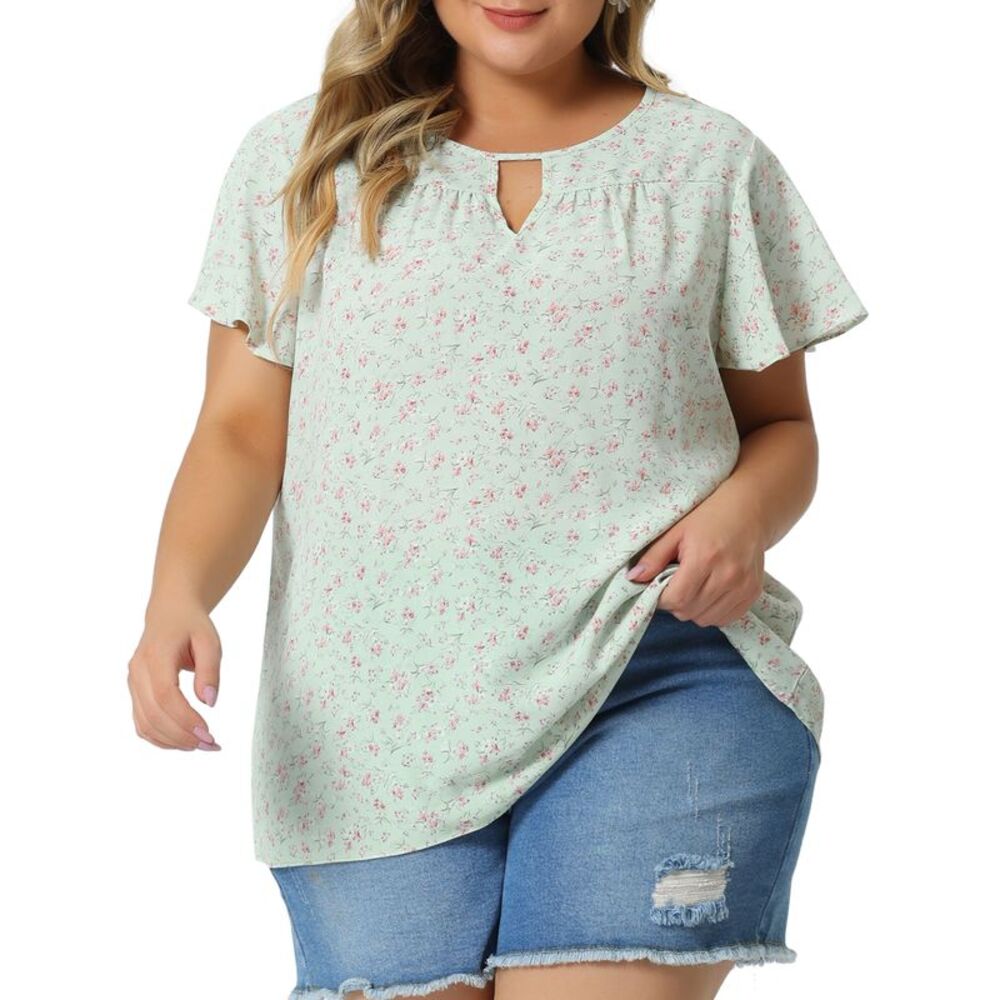 Plus Size Blouse Flared Ruffle Short Sleeve Keyhole Chiffon Tops Light Green